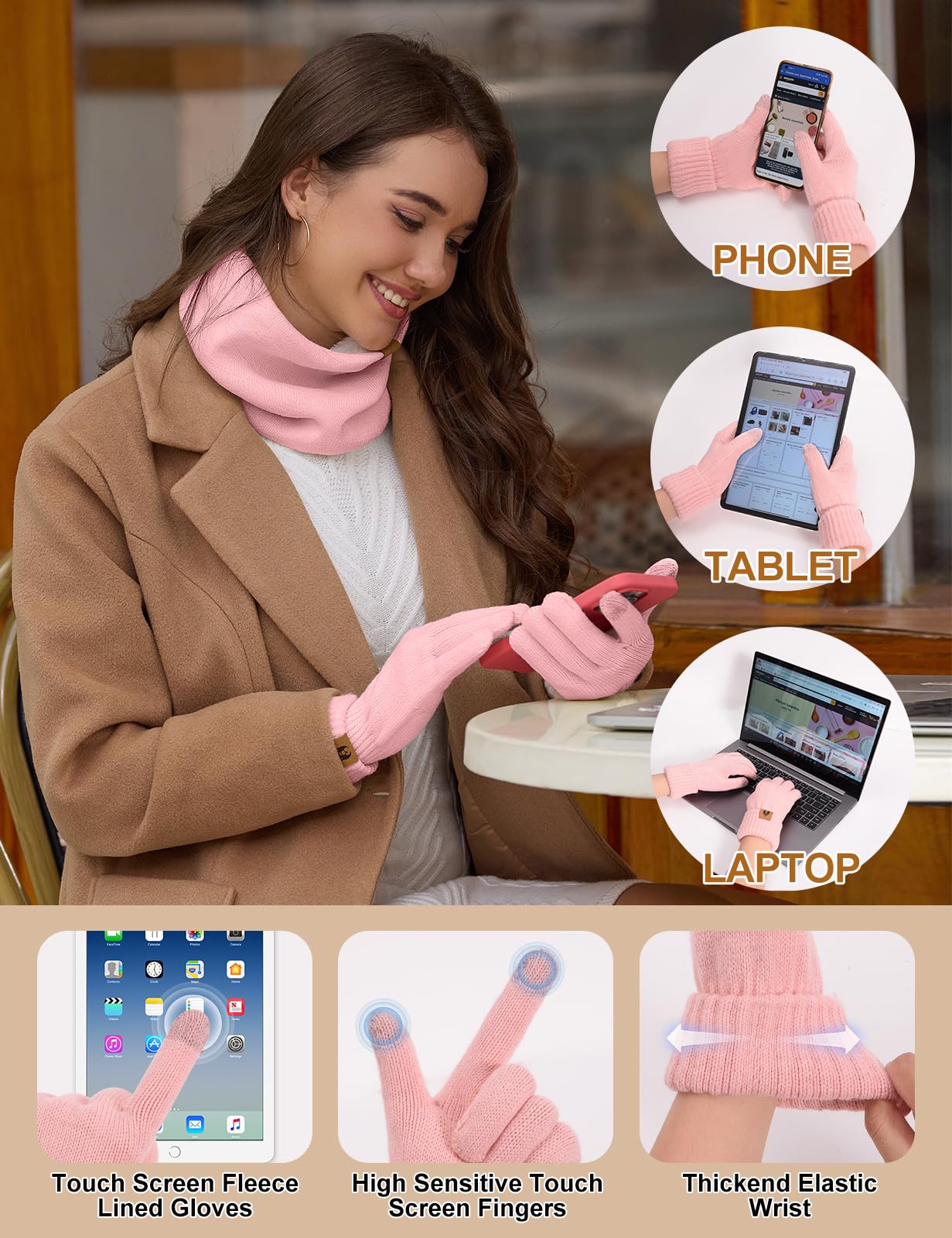 Niwicee Pink Knitted Hat, Scarf & Glove Set
