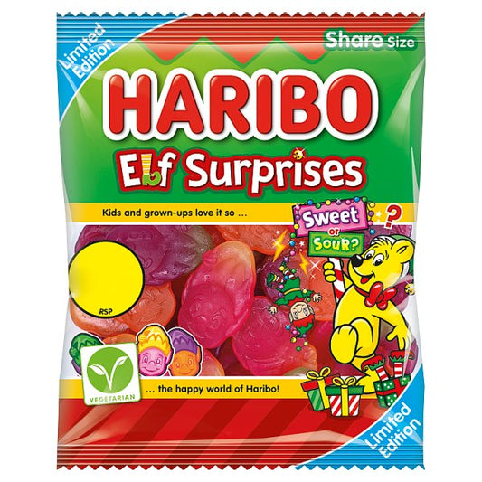 HARIBO Elf Surprises Christmas Sweet & Sour Fruit Flavour Chewy Sweets Sharing Bag