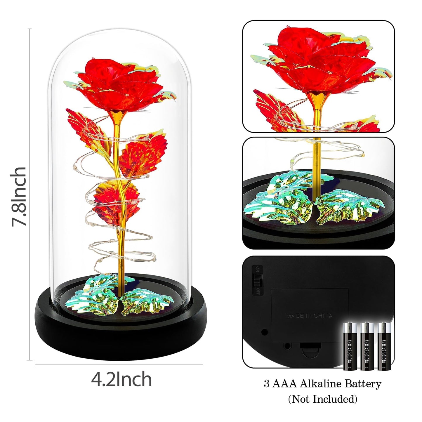 LED Red Rose in Glass Dome