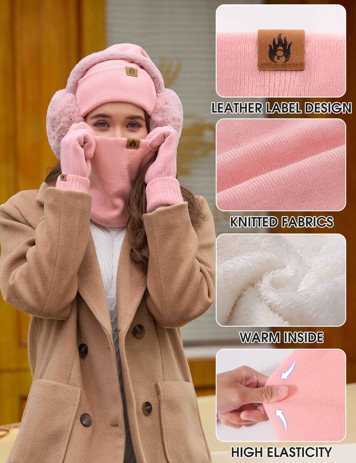Niwicee Pink Knitted Hat, Scarf & Glove Set
