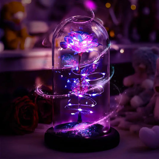 Rotating Colourful Purple LED Rose in Glass Dome