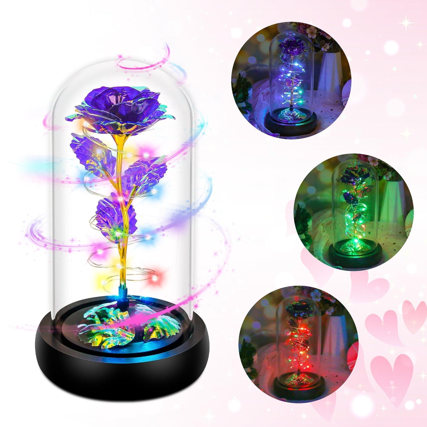 Rotating Colourful Purple LED Rose in Glass Dome