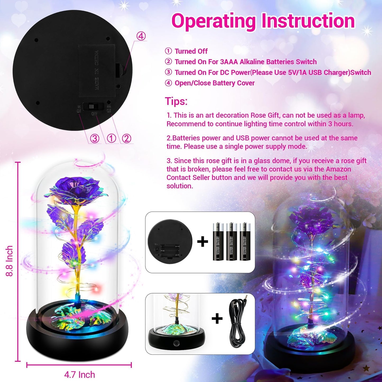 Rotating Colourful Purple LED Rose in Glass Dome