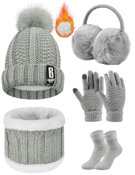 Winter Warm Knitted Hat, Scarf, Gloves, Earmuffs & Socks Set for Women - Grey