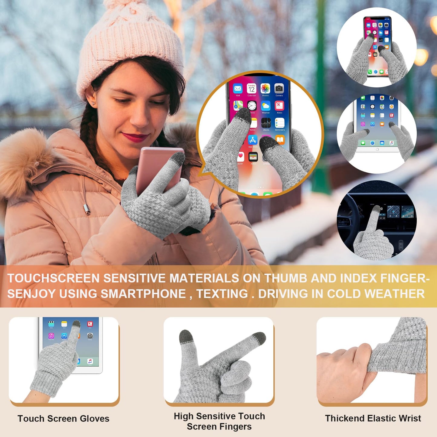 Winter Warm Knitted Hat, Scarf, Gloves, Earmuffs & Socks Set for Women - Grey